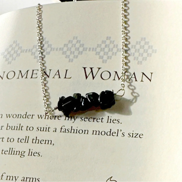 black onyx balance bar  silver stamped necklace / focus and protection - Picture 2 of 5
